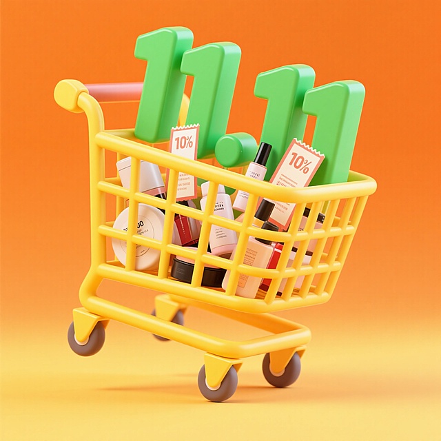 3D微缩艺术风格，塑料质感购物车满载美妆品与“11.11”数字，橙黄渐变背景强化促销氛围，创意呈现双十一购物狂欢。