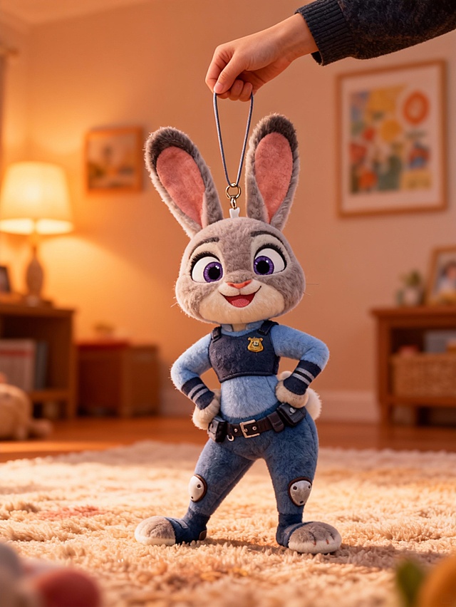 把参考图中的主体Judy变成一个变成大的毛绒可爱挂件，一只手把它提起来，保持Judy的动作和表情，背景是温馨的家里。