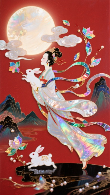 日漫风格，嫦娥怀抱玉兔奔向一轮圆月，衣摆飘逸。周围环绕着祥云和盛开的花朵，背景山脉，红色底色，非常规的动态构图预览效果