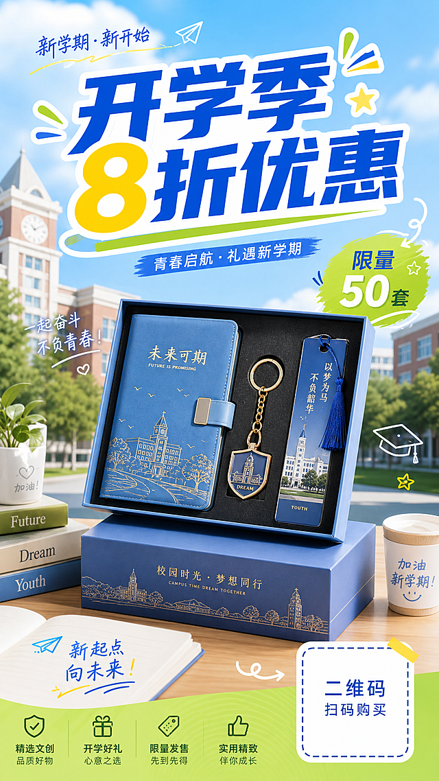 青春活力风格开学季促销海报，面向在校大学生，包含文创礼盒（笔记本、钥匙扣、书签）产品实物元素，带有促销文字"开学季8折优惠"、"限量50套"，右下角预留购买二维码占位符，活力青春校园色调，设计简洁醒目，信息层级清晰