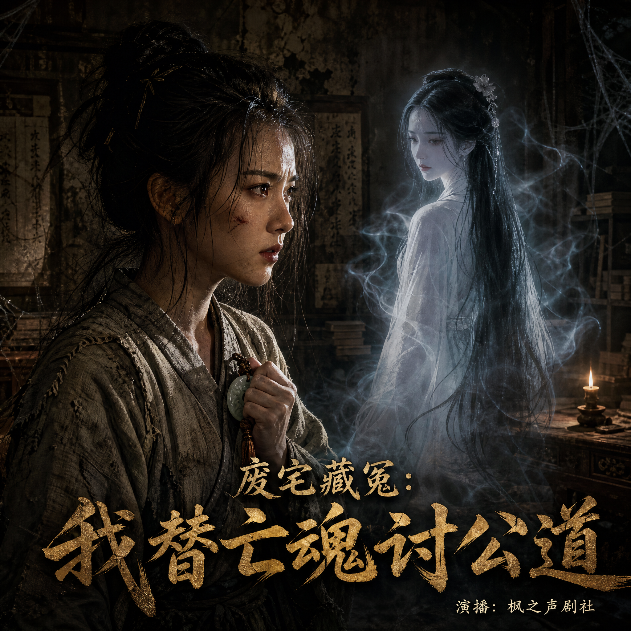 古风悬疑风格有声书封面，1:1正方形构图，双人呼应型画面。左侧… - 图片创意预览