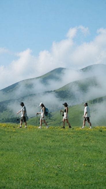 去掉图片中的文字，修改远处背景为高山草甸云雾缭绕，将人物服装修改为时尚夏装，保留整体构图和人物位置不变预览效果