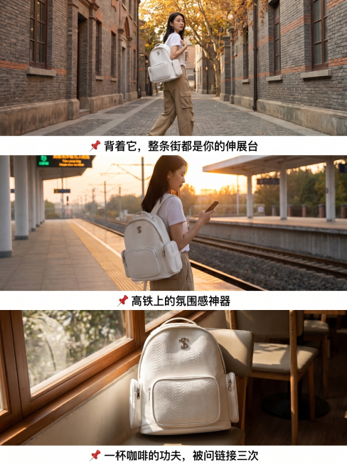 [主图 4] 场景穿搭灵感三张场景图并排展示。场景1城市漫步：同一位亚洲模特穿宽松卡其工装裤+白T恤，走在砖石艺术街区，秋天下午的柔和自然光，随意抓拍感，双肩包自然背在身后。场景2短途旅行：同一个模特预览效果