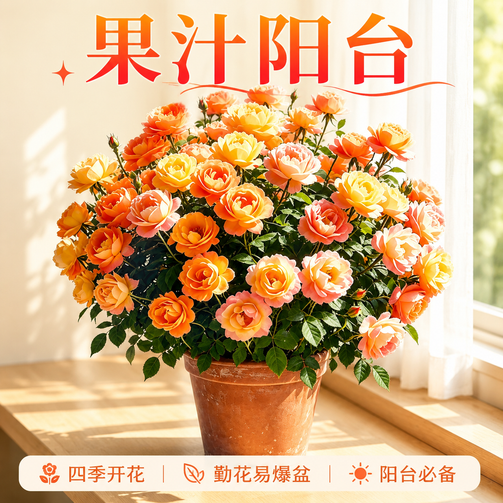淘宝天猫电商主图，1:1正方形，画面主体为果汁阳台月季花盆栽，… - 图片创意预览
