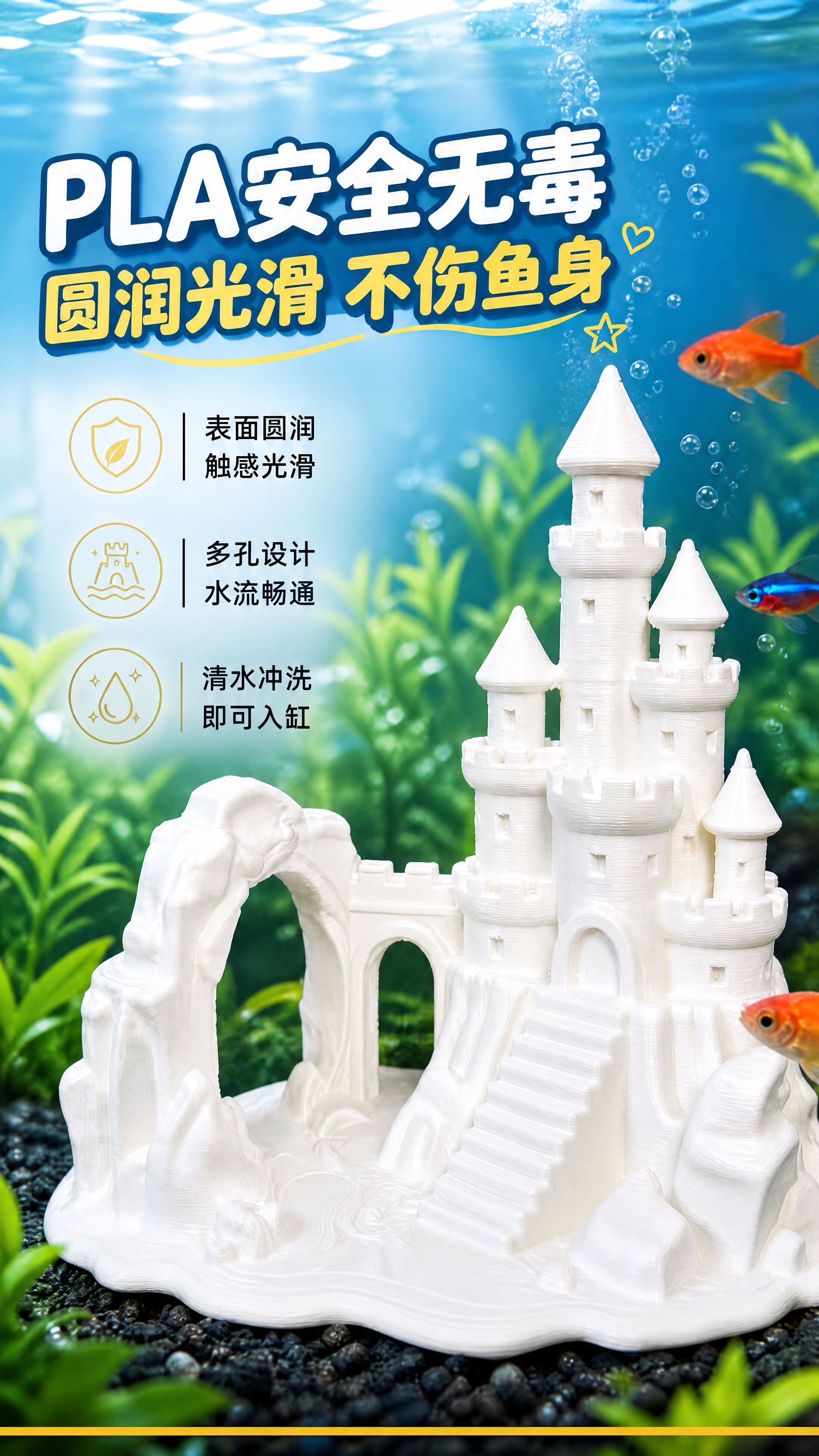 [商品] 使用【图1】白色城堡鱼缸躲避屋为产品本体，参考【图2… - 图片创意预览