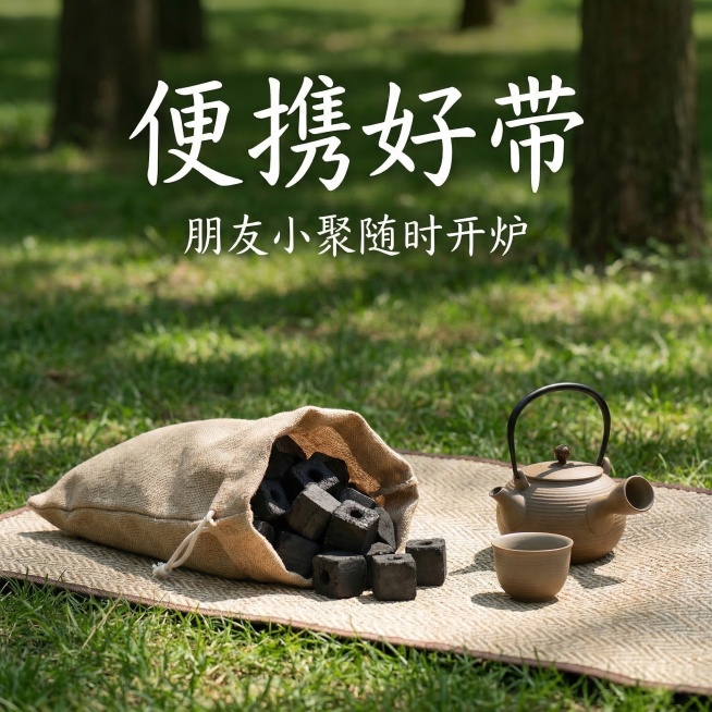 袋装方形围炉煮茶竹炭，放在户外露营垫上，旁边放着便携茶壶，背景是草地树荫，画面上方大字文案“便携好带”，小字文案“朋友小聚随时开炉”，文字悬浮于背景之上，清新自然风格，适配淘宝主图，1:1构图预览效果