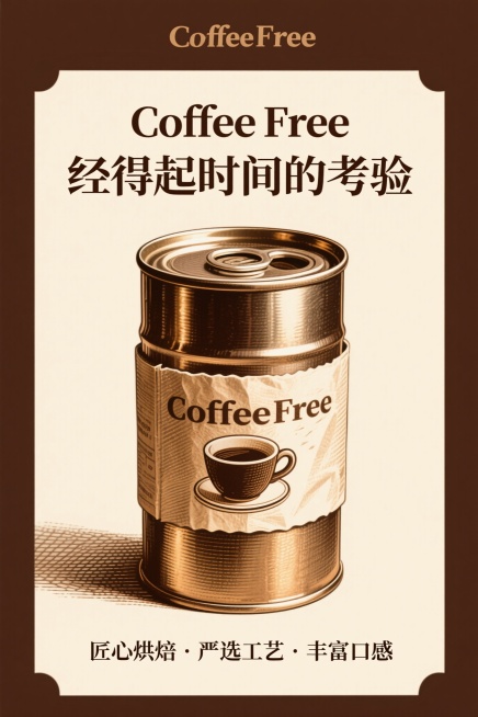 复古铜版画风格，竖版构图，中心展示Coffee Free咖啡产品（咖啡罐或咖啡杯），突出金属罐的光泽、纸质包装的纹理或陶瓷杯的细节，上方居中位置有“经得起时间的考验”复古衬线字体标语，底部小字标注“匠预览效果