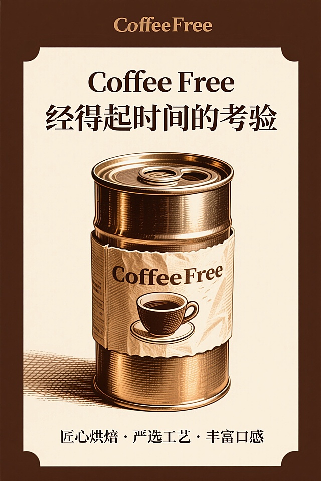 复古铜版画风格，竖版构图，中心展示Coffee Free咖啡产品（咖啡罐或咖啡杯），突出金属罐的光泽、纸质包装的纹理或陶瓷杯的细节，上方居中位置有“经得起时间的考验”复古衬线字体标语，底部小字标注“匠心烘焙·严选工艺·丰富口感”，整体色调为深棕、赭石与暗金色，模拟铜版画的明暗对比与金属质感