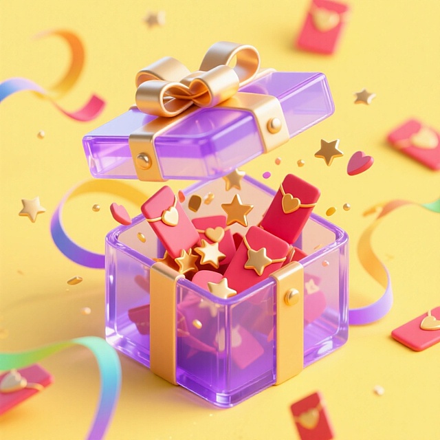 一个打开的紫色礼盒（带金色蝴蝶结与装饰扣），礼盒内及周围飞溅出大量红包、金色星星和爱心，盒子四周围绕彩色飘带，黄色背景