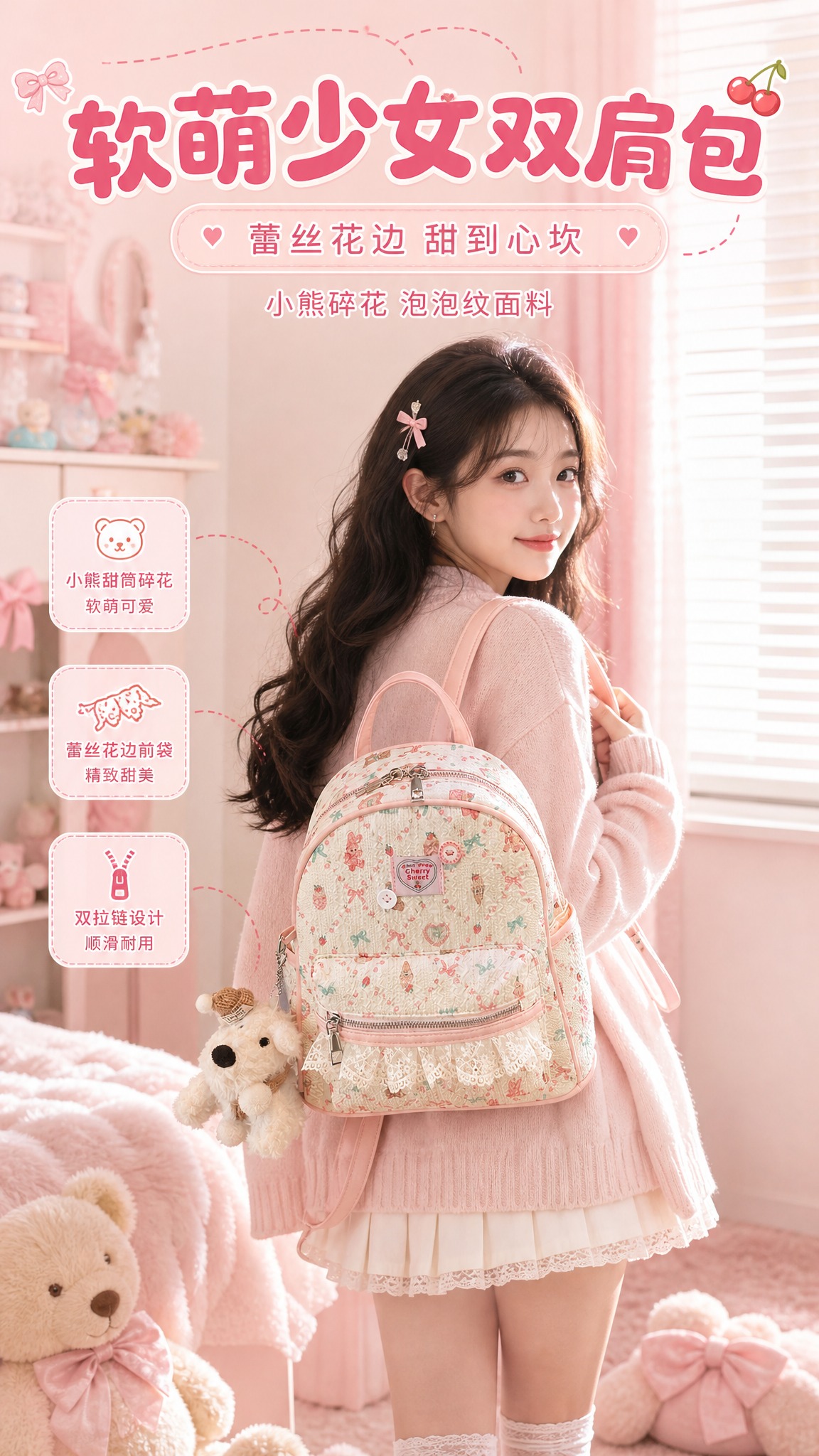 [商品] 使用【图1】粉白印花款甜美碎花小熊蕾丝迷你双肩包，【… - 图片创意预览
