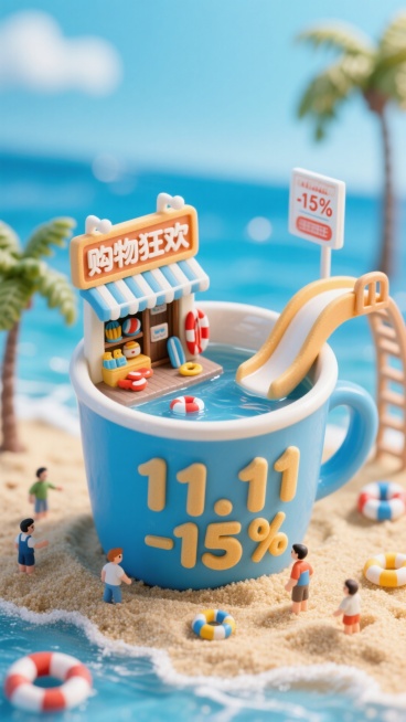 这张海报的主色调为蓝色，背景是海边。海报主体是一个
杯子，杯子右侧有滑滑梯，杯子里水面上是一个微缩世界。杯子开了一个口子，里面是一家游泳店铺，店铺招牌上写着“购物狂欢”，里面有游泳海边用具，粘土的质感预览效果