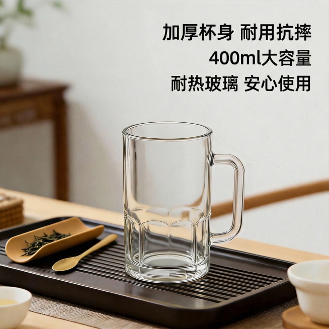 现代简约风格，1:1比例，电商主图，突出玻璃杯加厚杯壁，搭配文字“加厚杯身 耐用抗摔”“400ml大容量”“耐热玻璃 安心使用”，画面简洁干净，突出产品主体预览效果