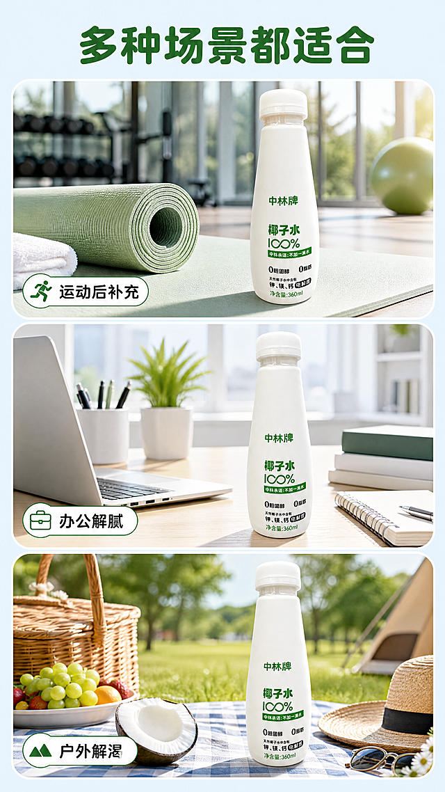 使用商品详情页技能根据商品图「图片1」生成详情页，参考图为「图片1」，商品名称为“中林牌”的100%纯椰子水饮品，卖点为纯度承诺（最大差异化）：  瓶身醒目的“不加一滴水”标语直接打消消费者对“复原椰子水”的顾虑，强调是NFC（非浓缩还原）级别的纯正。  “100%”标识强化了产品的纯粹性。  健康属性（功能性）：  0脂肪、0胆固醇：精准切中减脂、健身及追求健康饮食人群的需求。  富含电解质：明确标注含有“钾、镁、钙”，将产品定位为天然的运动补水或日常营养补充饮品，比普通纯净水更具功能性。  品牌背书：  “中林”二字通常关联林业、自然生态，自带“原生态”、“国字号”的信任感。，适配平台为淘宝/天猫，图片比例为9:16，需求屏数为8张，