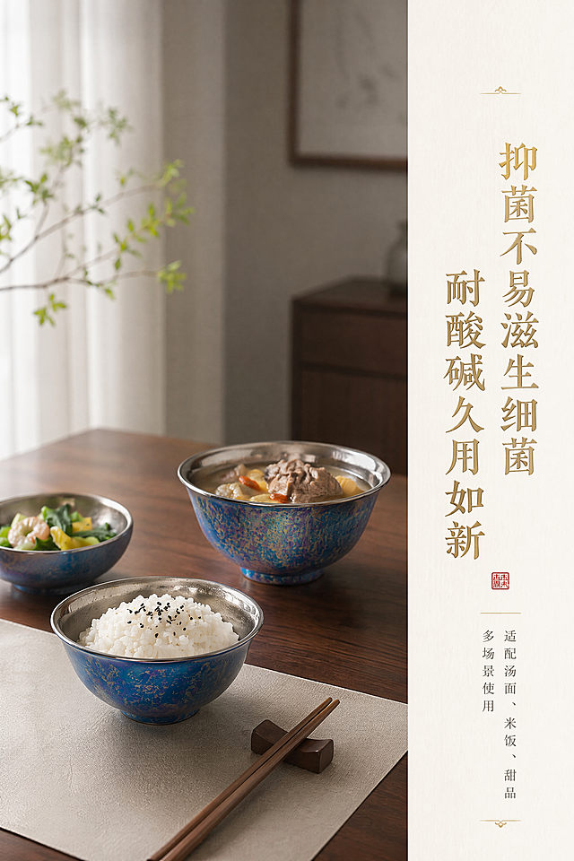 2:3 竖版左对齐极简排版，新中式轻奢实木餐桌实景，纯钛碗盛装米饭、汤菜正常摆盘使用，柔和窗边自然光氛围感；右侧竖向文字区块，主标题【抑菌不易滋生细菌 耐酸碱久用如新】鎏金烫金字体，小字标注适配汤面、米饭、甜品多场景使用；整体居家实景高级治愈，无过度装饰，适配天猫家装餐厨场景种草。负面提示词：餐桌杂乱饭菜残渣、多人出镜、网红花哨摆件、网红滤镜重色、价格角标、满减标语、夸张特效边框、画面饱和度失真。
