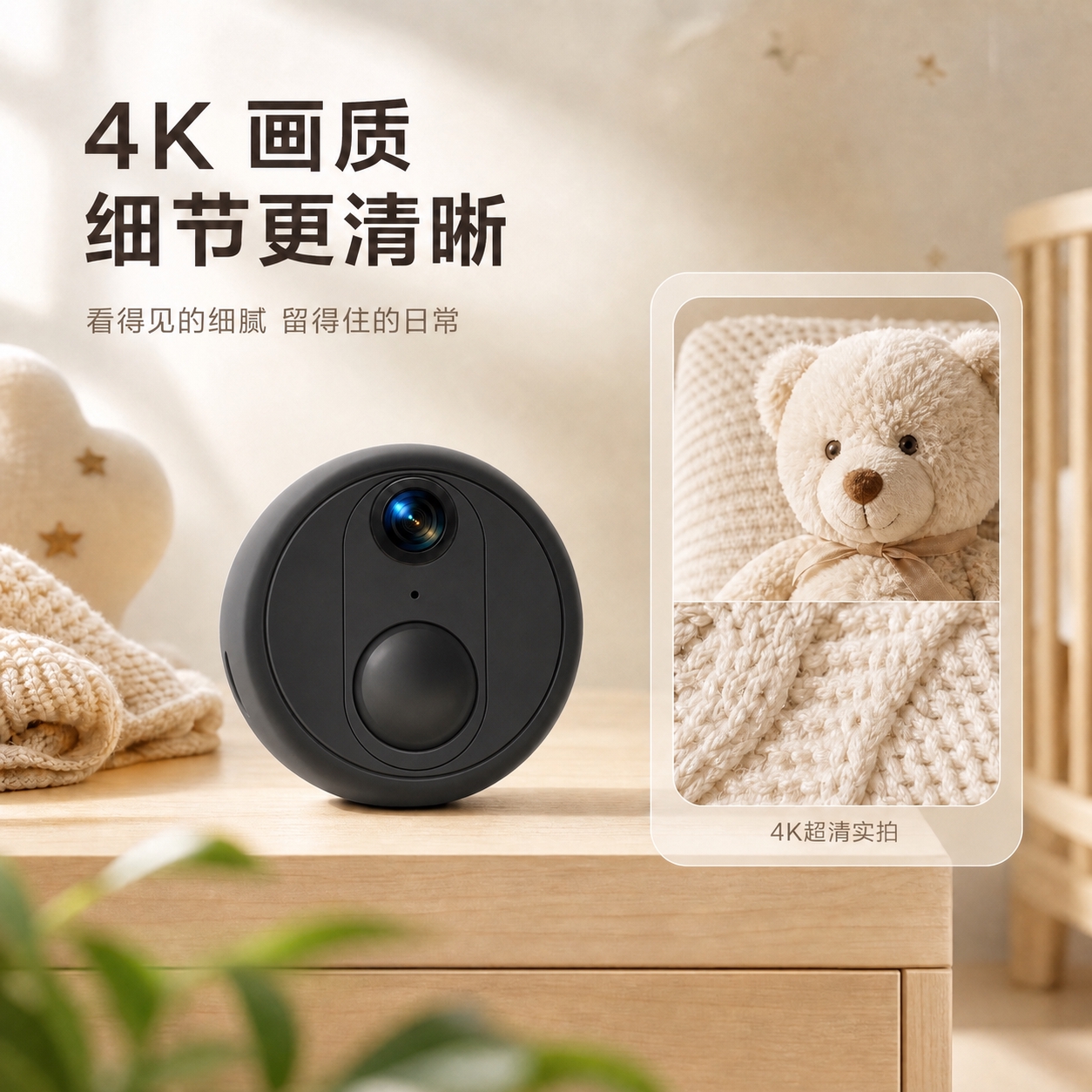 将画面中白色圆形无线智能摄像头替换为哑光黑色圆形摄像头，保持摄… - 图片创意预览