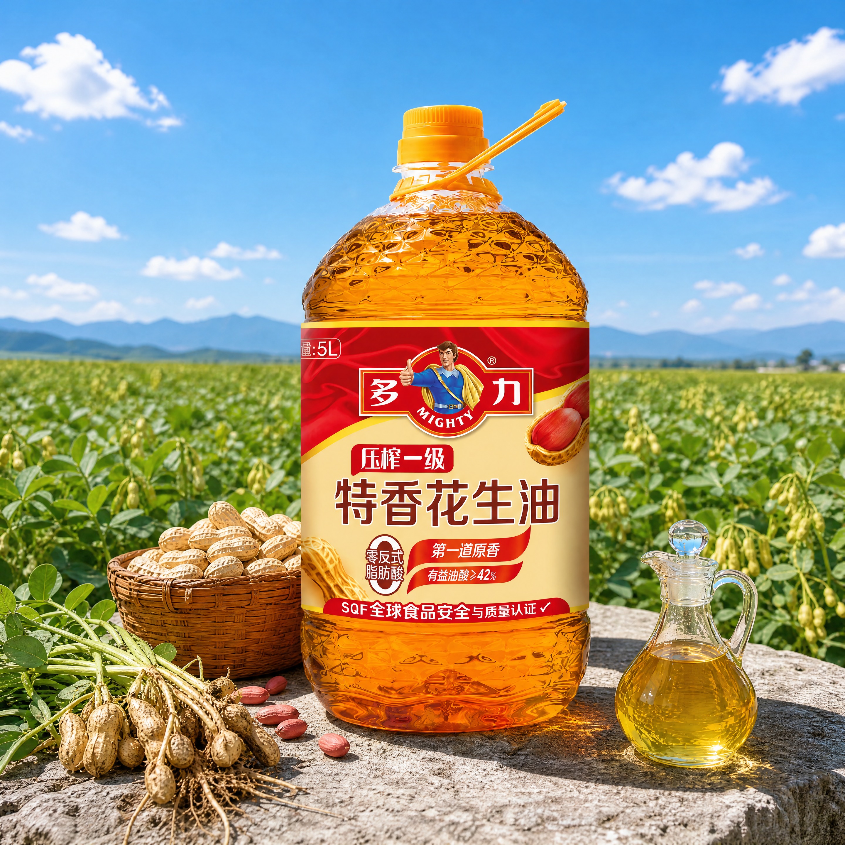 超写实商品摄影。 主体：花生油桶严格参照上传产品图，完整保留所… - 图片创意预览