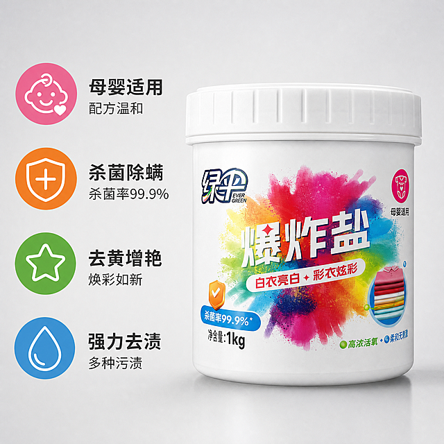 「图片1」，生成一套主图（4张），商品名称是绿伞爆炸盐1kg，卖点是母婴适用、杀菌除螨、去黄增艳、强力去渍，适配拼多多平台，主图比例为1:1