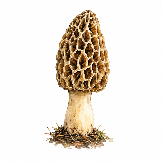 单独生成一株自然生长状态的羊肚菌，保持水彩手绘插画风格，背景为纯白色