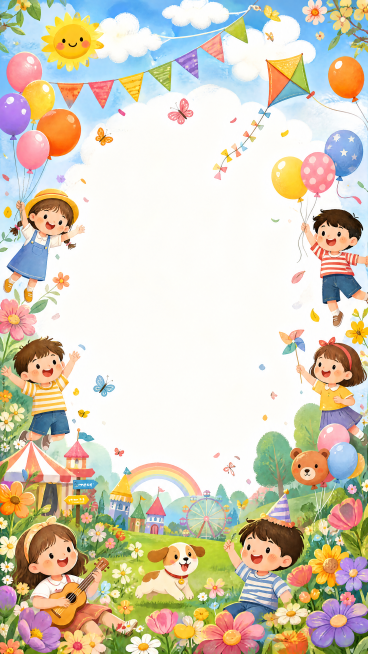 六一沙龙邀请函底图，童趣绘本风格，画面铺满整体留白少，场景包含花丛、风筝、卡通小人，中间大面积留白用于添加文字内容，整体色彩明亮活泼，充满儿童节氛围，绘本插画质感，细节丰富预览效果