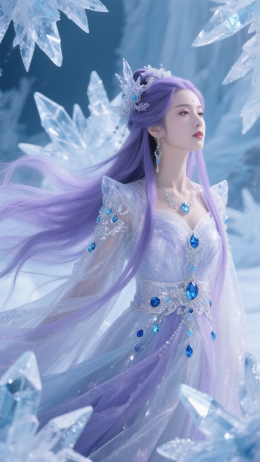 一位身着华丽服饰的中国女神人物形象，梦幻的紫色长发，发丝在周围环境中自然舒展，穿着以冰晶元素为主题的华美服饰，整体通透且精致，服饰上点缀着蓝色宝石，周身环绕冰晶状背景，营造冰雪般纯净又充满奇幻感的氛围预览效果
