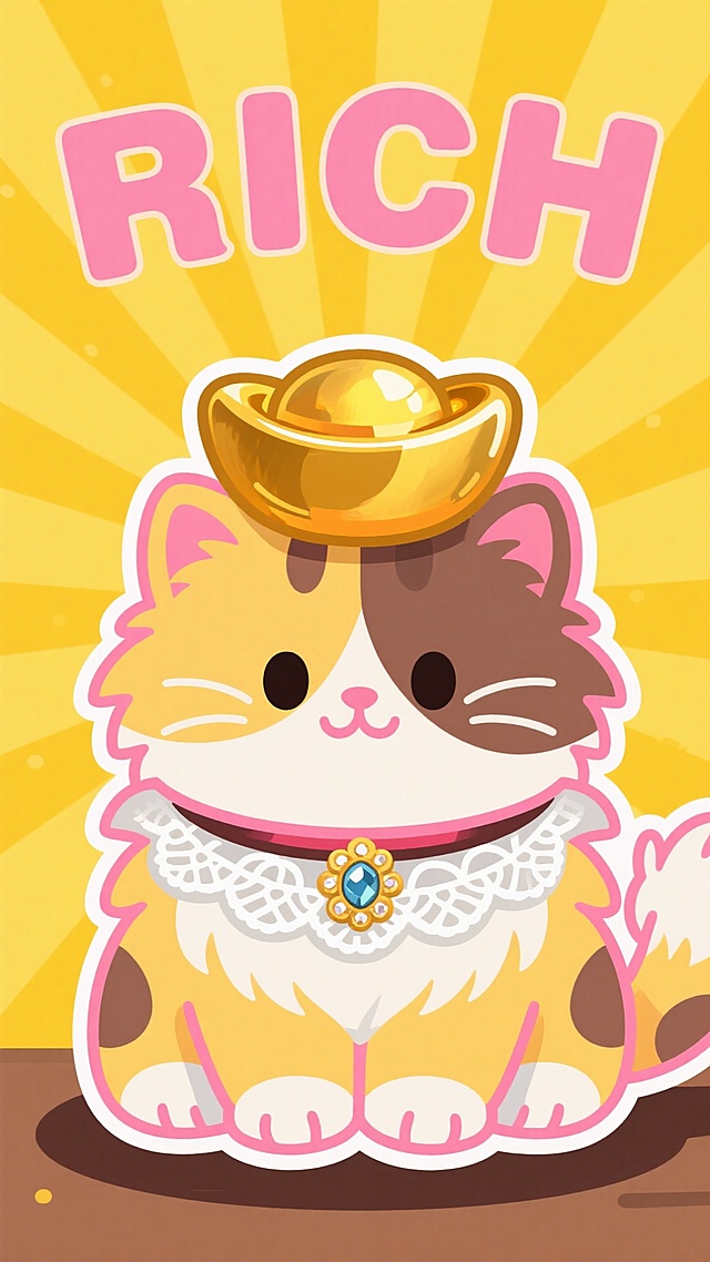 可爱卡通猫咪头戴金元宝，拟人化设计搭配软3D质感，鎏金风配色与描边风格突出喜庆奢华感，插画风背景烘托“RICH”主题，节日氛围浓厚。