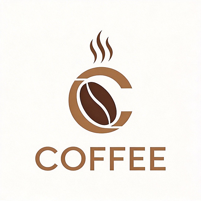 干净的纯白色背景。平面咖啡品牌logo设计，几何线条构成抽象咖啡豆与蒸汽造型，搭配极简无衬字体，低饱和大地色系配色，留白充足，整体风格简约现代高级轻奢，辨识度强