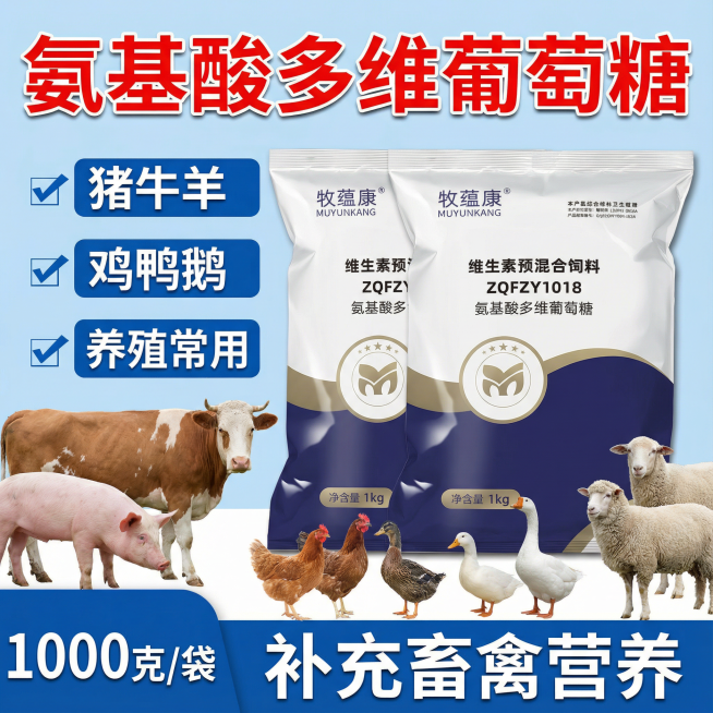 图片的产品是我提供的这个包装，我给的包装图片。可左右放置，图片上面标题写 氨基酸多维葡萄糖（大字突出，红色描边）
左边文案上下排列，每个框内分散一点横排写 猪牛羊，鸡鸭鹅，养殖常用，依次排开，每个框前预览效果