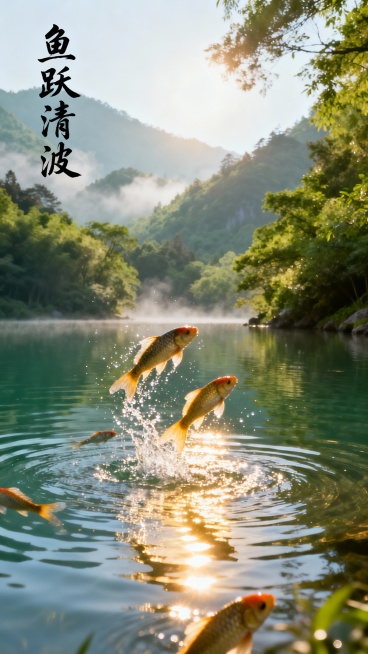古风优美干净的描写"鱼跃清波"的山水画，实景，电影感，左上角加上“鱼跃清波”行书毛笔字预览效果