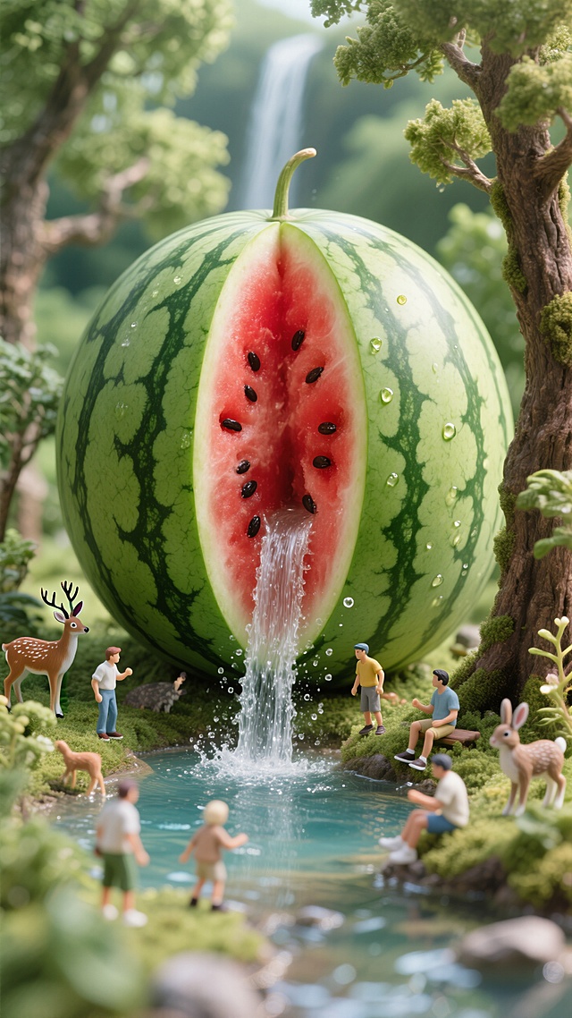一个西瓜里面的小世界，里面有瀑布、树木、动物和人。