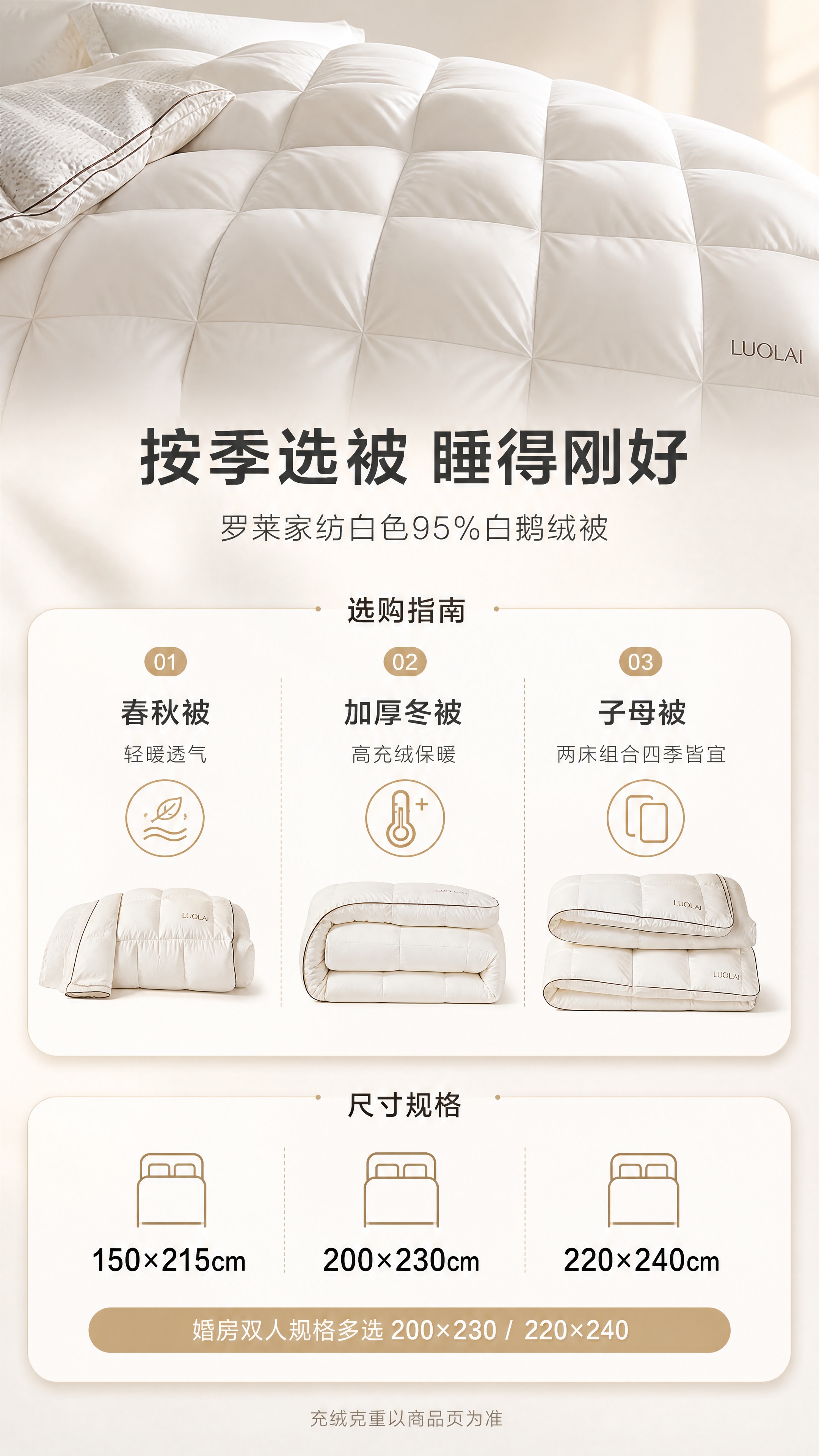 [商品] 使用【图1】罗莱家纺白色95%白鹅绒被：保留纯白被面… - 图片创意预览