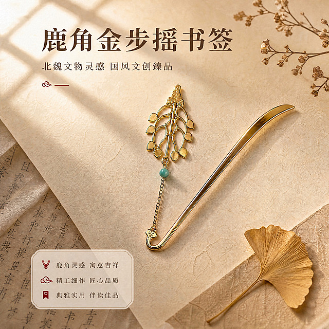 修正第一张图中金属书签弯钩处的祥云纹装饰细节，严格参考第二张图红圈部分：
1. 祥云纹的形状、大小、浮雕纹理、位置严格与实拍图一致，是扁平的四瓣祥云纹样，位于弯钩内侧下方，链条从祥云纹中间孔穿入。
2. 祥云纹的金属质感、颜色、细节纹路完全匹配实拍图，不得改变形状和细节。
3. 书签的其他部分（鹿头吊饰、叶片、绿松石、链条、书签杆）、背景、文字、排版、光影全部保持不变，只修正弯钩处祥云纹装饰的细节。