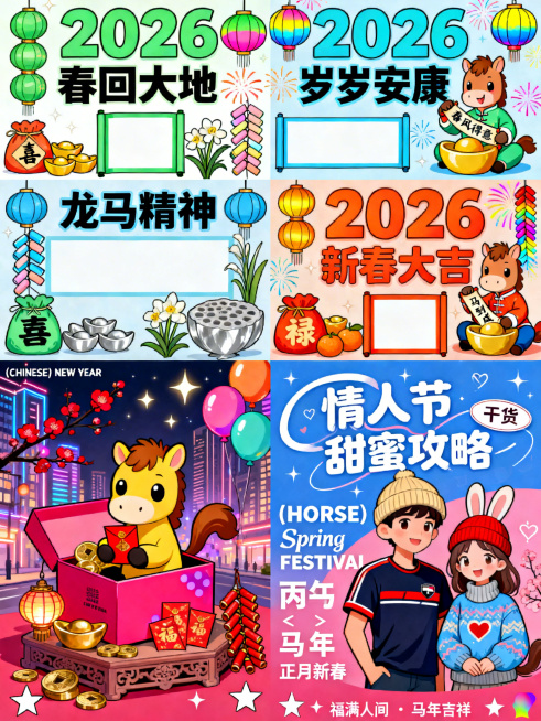 一幅主题为 2026 年马年新春的手绘风格祝福海报（手抄报），整体色彩鲜活、充满童趣与传统年味：核心主题与年份标识画面最上方以大号草绿字体标注「2026」，下方搭配加粗的「春回大地」，直接点明时间背景预览效果
