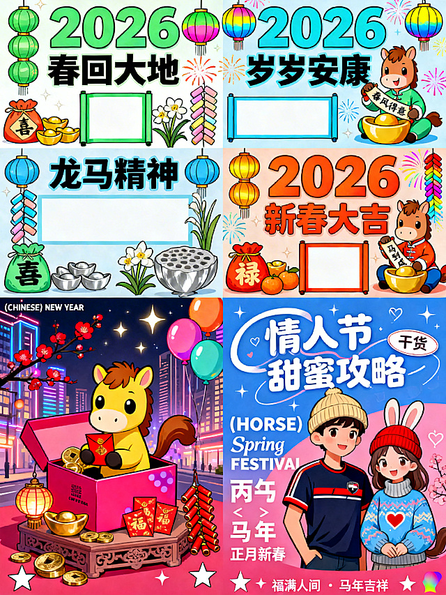 喜庆感十足的国潮插画风设计，融合卡通拟人马与霓虹灯城市夜景，拼贴式布局呈现2026新春与情人节主题，传递龙马精神与甜蜜祝福。