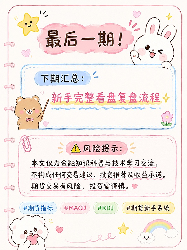 「图片1」「图片1」「图片1」「图片1」延续之前的风格，根据后面我提供的文案内容生成第6篇，第7篇，第8篇的配图。要求每一篇内容配图不少于3张，一共不少于9张。图片用于发布在小红书上，图片比例为3:4。第6篇 期货技术分析06｜看懂量价关系！避开所有假突破📊
老盘手常说：
价格可以骗人，成交量不会骗人
新手之所以总踩坑假突破、假拉升
根本原因：只看价格，不看量能
今天彻底讲透期货量价逻辑✨
✅四种核心量价形态（全覆盖）
13.放量上涨 = 真多头
资金主动进场，上涨动能足
趋势延续概率高
14.缩量回调 = 良性调整
上涨途中缩量回落
代表空头无力，后续继续顺势概率大
15.放量破位 = 有效突破
区间震荡后放量击穿压力/支撑
属于资金真实选择，行情开启单边
16.无量拉升/无量下跌 = 假行情
没有量能配合的涨跌
大多是诱多、诱空、瞬间骗线
新手坚决不追！
💡小白终极口诀
有量突破是真突破
无量突破一律观望
📌期货T+0专属优势
日内行情快、骗线多
量能是过滤垃圾行情最好的工具
❌新手误区
只看一根放量就激动进场
正确逻辑：
趋势位置 + K线形态 + 量能验证
三者共振，才是优质机会
下期教大家：MACD+KDJ万能指标组合！
⚠️风险提示
本文仅为金融知识科普与技术学习交流，不构成任何交易建议、投资推荐及收益承诺。期货交易有风险，投资需谨慎。
#期货量价 #期货成交量 #期货假突破 #期货看盘技巧


第7篇 期货技术分析07｜新手指标组合公式！不堆砌、不混乱✅
很多新手越学越乱：
MACD、KDJ、RSI、BOLL全部堆满盘面
指标越多，越做不好交易！
不同行情适配不同指标
今天给小白一套永久通用的最简指标搭配方案📌
🔥震荡行情→只用KDJ
KDJ灵敏、适合区间来回波动
用法：
低位金叉区间看多
高位死叉区间看空
震荡市不要追趋势，高抛低吸为主
🔥单边行情→只用MACD
MACD看趋势最强、最稳
用法：
红柱延续=多头强势
绿柱延续=空头强势
金叉死叉确认趋势转折
🔥小白万能三套组合（永久够用）
17.看大趋势：均线 + MACD
18.做震荡短线：支撑压力 + KDJ
19.确认真假行情：成交量 + K线形态 + 指标辅助
💡核心原则
指标永远是辅助，结构和位置才是核心
不要指标信号一出就无脑下单
❌避雷重点
超买不代表立刻跌
超卖不代表立刻涨
指标钝化是单边行情常态
最后一期！下期汇总：新手完整看盘复盘流程✨
⚠️风险提示
本文仅为金融知识科普与技术学习交流，不构成任何交易建议、投资推荐及收益承诺。期货交易有风险，投资需谨慎。
#期货指标 #MACD #KDJ #期货新手系统


第8篇（收官篇）期货技术分析08｜新手完整看盘流程！一套流程看懂所有行情✅
终于收官🎉
8期技术分析系列，今天给大家汇总
新手专属一套完整、闭环、可复制的看盘体系
从此告别瞎看盘、乱下单！
📌【新手标准看盘五步流程】
第一步：定大势（均线）
先看60日线定大方向
再看短期均线判断强弱
先分清：上涨/下跌/震荡
第二步：找关键位置（支撑压力）
标出近期高低点、平台区间
明确当前价格：高位、低位、中位
第三步：看K线博弈（形态情绪）
看当前K线强弱、有无反转形态
判断当下多空情绪
第四步：验量能真假（过滤骗线）
突破有没有量？涨跌有没有动能？
无量不追、异常量能谨慎对待
第五步：指标辅助确认（MACD/KDJ）
单边看MACD，震荡看KDJ
信号共振再考虑机会
💡两种行情应对口诀
✅单边市：顺势为王、不猜反转、不抄顶摸底
✅震荡市：高抛低吸、突破观望、不追强弱
❌新手高频错误大盘点
20.不看趋势，只看信号
21.不找位置，随意入场
22.指标堆砌、过度分析
23.忽略风控，重仓赌行情
✨系列总结
技术分析不是预测神器
是帮你建立交易逻辑、筛选概率、控制风险的工具
所有稳定交易，都是：
趋势 + 位置 + 形态 + 量能 + 风控
本【期货小白技术分析全套系列】
完整收官完结✅
后续更新更多期货系统交易干货，持续关注！
⚠️风险提示
本文仅为金融知识科普与技术学习交流，不构成任何交易建议、投资推荐及收益承诺。期货交易有风险，投资需谨慎。