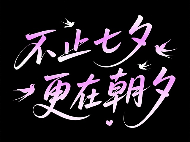 文字“不止七夕 更在朝夕”粉紫色渐变，使用中国书法字体，云润字体，文字穿插点缀爱心和喜鹊剪影。高级感，黑底。