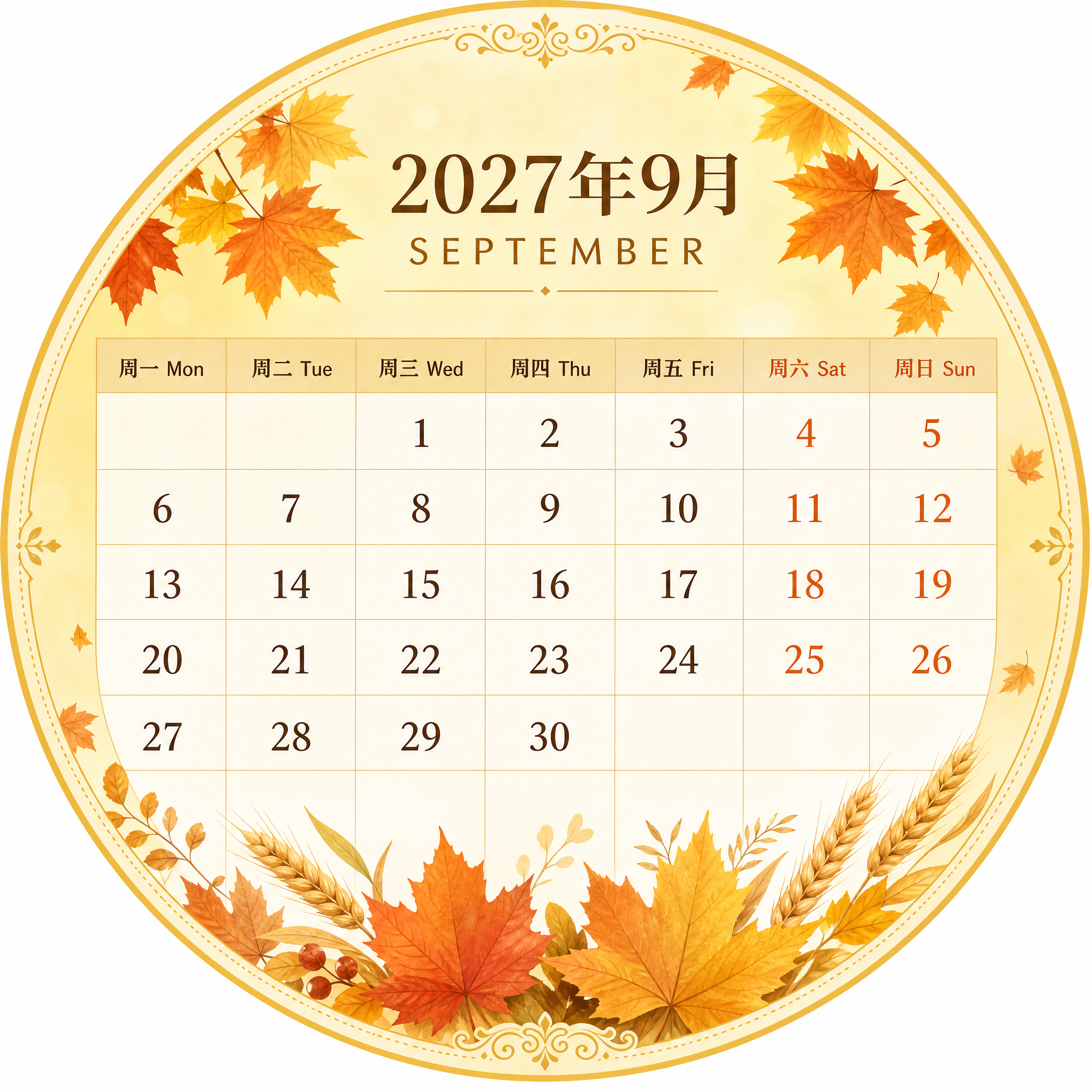 2027年9月圆形日历设计，正圆形构图。顶部显示"2027年9… - 图片创意预览