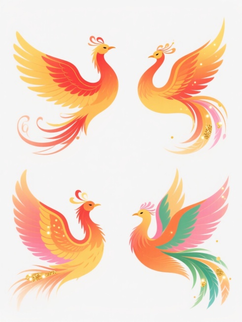 简约现代风格海报，纯白纯色背景，画面中四个不同造型的凤凰呈规整排布，每个凤凰均采用与原图一致的橙黄色渐变为主色调，搭配红色、黄色、粉色、绿色等彩色羽毛细节，羽毛边缘有发光效果和金色粒子点缀，凤凰姿态各异（如展翅、盘旋、昂首、回首等），整体造型保持插画风格，线条流畅，无任何文字、logo或水印，视觉层次清晰，信息传达简洁，符合现代设计感。预览效果