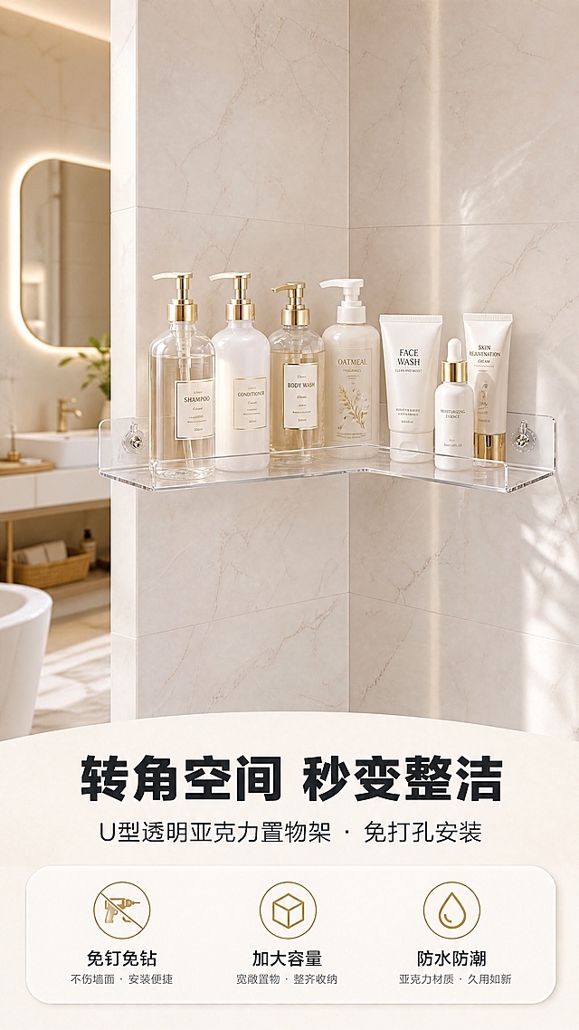 [商品] 使用【图1】U型透明亚克力置物架；保留U型转角结构、透明亚克力材质、4个免钉螺丝贴、前侧挡边、整体比例与厚度；产品为壁挂式转角置物架，安装方向为背面贴墙、开口朝外。
[画面] 目标：头图海报，突出免打孔收纳与浴室整洁效果。构图：上下分栏，上方70%为浴室转角场景满铺，下方30%为信息条。主体位置：画面中上部浴室墙角处，置物架安装在转角墙面上，摆放整齐的洗护用品（洗发水、沐浴露、洗面奶等）。主体占比约40%，融入场景。景别：中全景。阅读动线：从上至下，先看场景效果再看卖点文字。前中后景：前景置物架与洗护用品、中景浴室墙面瓷砖、后景虚化浴室空间。场景：现代轻奢浴室，米白色大理石瓷砖墙面，暖光氛围。
[视觉] 套系策略：风格=现代简约轻奢商业摄影；标题字=粗黑体无衬线；正文字=简洁黑体；主色=透明+米白大理石色；背景延展=基于米白大理石做深浅层级、同色渐变和石材纹理质感；强调色=香槟金，仅用于小面积图标、引线和标签；标题色=深炭灰；正文色=中暖灰；组件=圆角浅底信息卡、细线引线、香槟金图标；光影=左前侧暖柔光，浴室自然光感。
[文字] 主标题「转角空间 秒变整洁」，副标题「U型透明亚克力置物架 · 免打孔安装」，下方3个短卖点图标+文字：「免钉免钻」「加大容量」「防水防潮」。文字区位于底部信息条，不遮挡置物架主体。
[规格] 图片比例9:16竖版，4K分辨率，负向提示：避免变形、错字、文字过小、冷蓝背景、产品结构改变、亚克力材质失真、出现平台Logo水印。