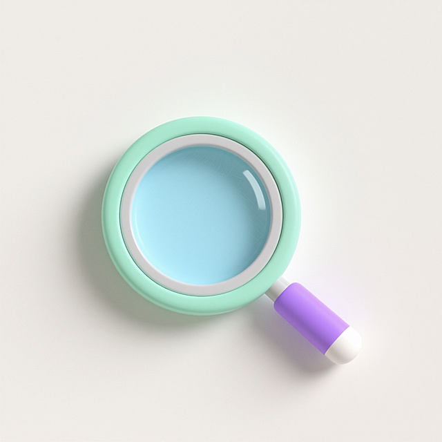 一个简约风格的放大镜图标，采用浅色背景，主体色调改为柔和的薄荷绿色与白色渐变，圆形镜片为通透的淡蓝色，边缘有浅灰色细边框和轻微阴影，镜柄为淡紫色，末端有白色圆角，整体线条平滑圆润，无渐变效果，保持扁平化设计风格，画面干净简洁，无任何文字和装饰元素。