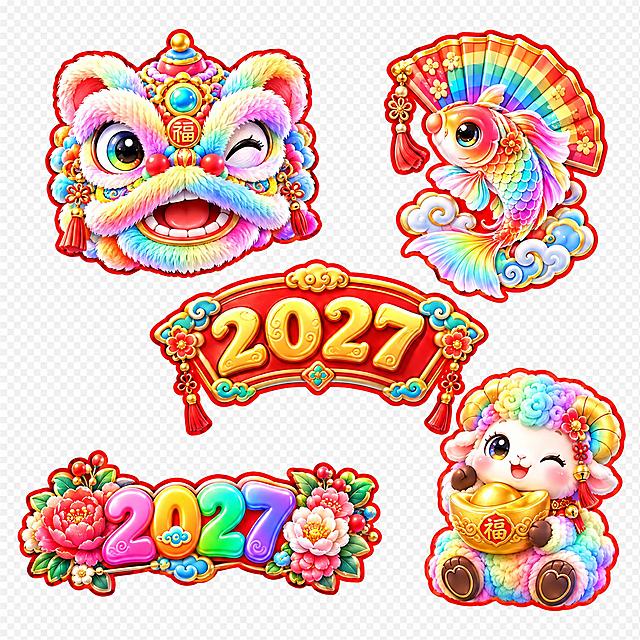 参考图中的5个春节装饰元素风格，生成一套全新的2027羊年春节装饰元素（与参考图不同，重新设计造型和细节），包含：1. 醒狮头（国潮3D卡通风格，毛绒质感，彩虹渐变配色，红边描边，设计不同的面部造型和装饰细节）；2. 锦鲤配折扇（彩色锦鲤，彩虹折扇，祥云底座，红边描边，改变锦鲤姿态和扇子造型）；3. 2027红色牌匾（弧形红色底，金色立体2027数字，红边描边，重新设计边框花纹和造型）；4. 2027花朵装饰字（左右两侧花朵装饰，彩虹渐变2027数字，可爱卡通风格，改变花朵种类和数字造型）；5. 抱金元宝的彩虹小羊（彩虹渐变羊毛，抱着金色元宝，坐姿可爱，红边描边，改变小羊表情和姿势，元宝造型不同）。所有元素保持统一的3D卡通国潮膨胀风，色彩鲜艳饱满，边缘有红色描边，透明背景，元素独立清晰，布局与参考图类似但每个元素都有明显差异，不能与参考图一模一样。