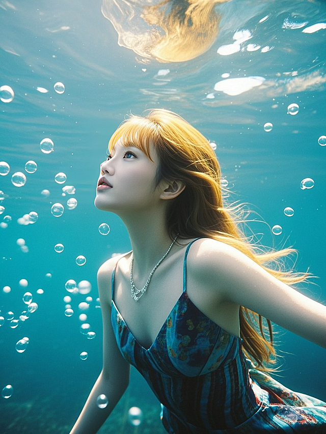 梦幻插画风，液态水下场景，清新唯美的虚拟现实少女。