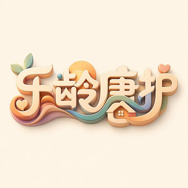 干净的纯净背景。四个字"乐龄康护"创意圆体3D立体字体设计，现代创意字体设计，3D立体动漫风格，有场景氛围感，将字体进行抽象变形，相邻字的笔划连笔和共用，融合尖锐边缘与流畅曲线，简约现代且富有设计感，所有文字单行横向排列，米白底低饱和度暖色调字，色彩丰富有艺术感不过于繁杂。仅包含四个字："乐"、"龄"、"康"、"护"，不得增加、遗漏或替换任何一个字。3D立体效果，动漫场景光影，整体作为店铺logo设计。文字整体必须完整呈现在画面内不可被裁切，四周留有安全边距。比例1:1