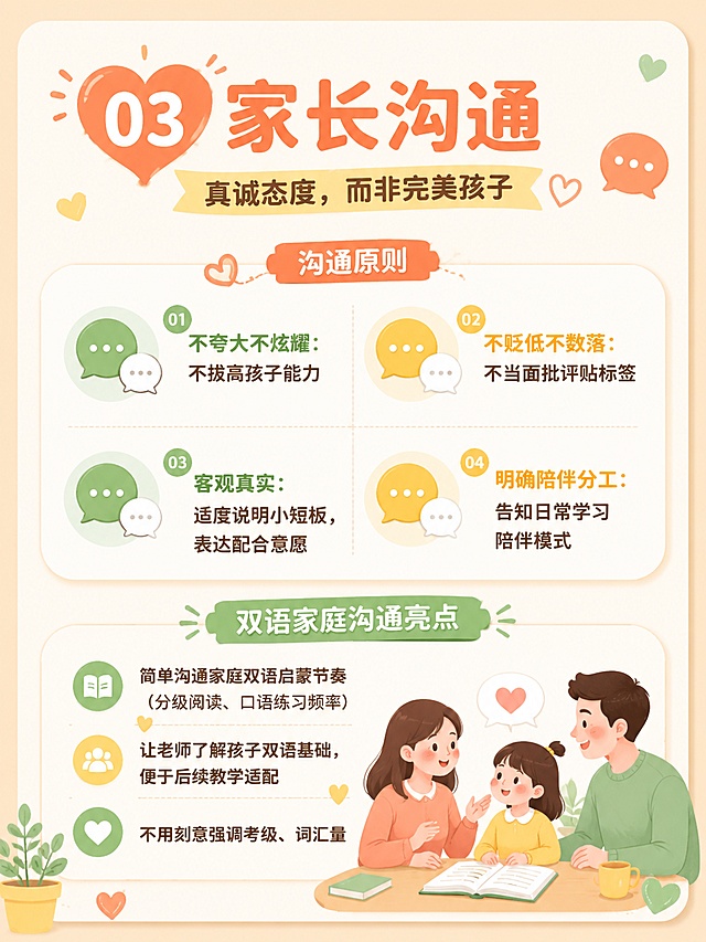 [第5屏] 家长沟通原则信息图，沟通原则+双语家庭沟通亮点。
[氛围/风格] 温馨教育科普风，小红书笔记内页风格，温暖亲切，信息图+简约插画结合。
[元素布局] 顶部标题区，上半部分「沟通原则」四个要点横向两列排布，配对话气泡图标；下半部分「双语家庭沟通亮点」配亲子交流插画；背景浅米色，点缀心形、对话气泡等温暖装饰。
[光影质感] 均匀柔和光照，整体温暖明亮，卡片有轻微投影。
[配色色系] 全局底色 #FFF8F0（浅米杏色）；主色 #FF8A65（暖橙色）；辅助色 #81C784（薄荷绿）、#FFD54F（暖黄色）。
[视角构图] 正面平视，竖版构图，阅读动线从上到下。
[文字版式] 顶部主标题「03 家长沟通」，副标题「真诚态度，而非完美孩子」；沟通原则区标题「沟通原则」，四个要点：「不夸大不炫耀：不拔高孩子能力」「不贬低不数落：不当面批评贴标签」「客观真实：适度说明小短板，表达配合意愿」「明确陪伴分工：告知日常学习陪伴模式」；双语沟通亮点区标题「双语家庭沟通亮点」，内容：「简单沟通家庭双语启蒙节奏（分级阅读、口语练习频率）」「让老师了解孩子双语基础，便于后续教学适配」「不用刻意强调考级、词汇量」；文字清晰，层级分明。
[比例分辨率] 3:4竖版比例（小红书配图尺寸），4K分辨率，文字清晰可辨，高清画质。
[负向提示词] 变形，水印，文字错乱，文字过小，颜色偏差，背景杂乱，低质量。