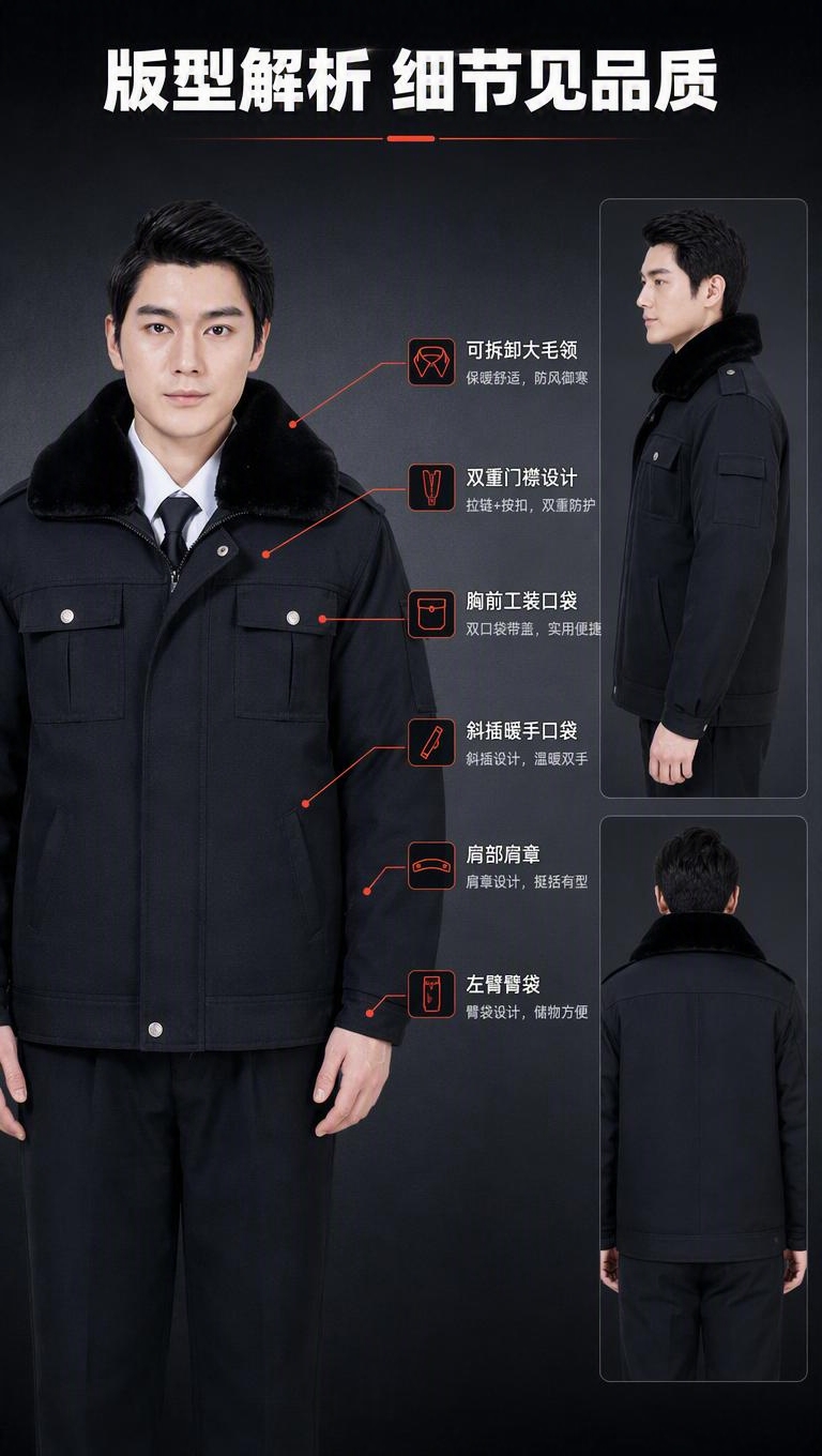 [商品] 使用【图2】黑色保安冬季棉服；商品处理：保留黑色大毛… - 图片创意预览