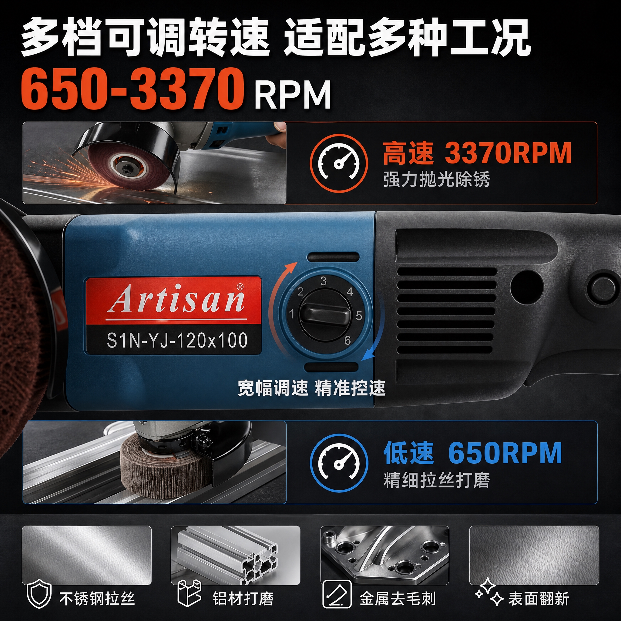 [主图-3] 多档调速卖点图，主题：650-3370RPM宽幅… - 图片创意预览