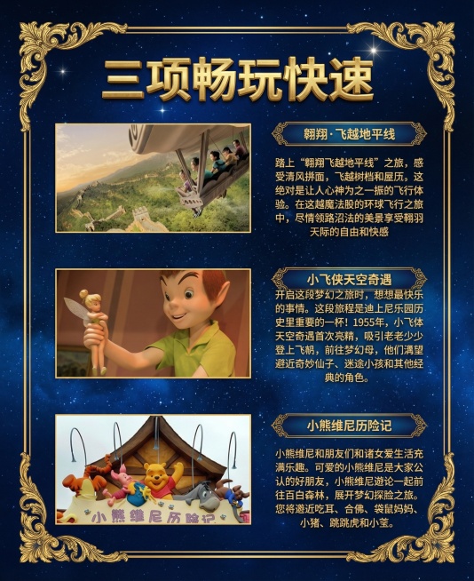 整体调性：复古华丽风 + 科幻探险质感
视觉元素：欧式复古金色花纹边框、深蓝色渐变星空背景、星光点缀、沉浸式项目场景图
排版特点：分栏式布局、精致奢华的宣传物料质感，融合宫廷装饰与奇幻主题氛围
字体颜预览效果