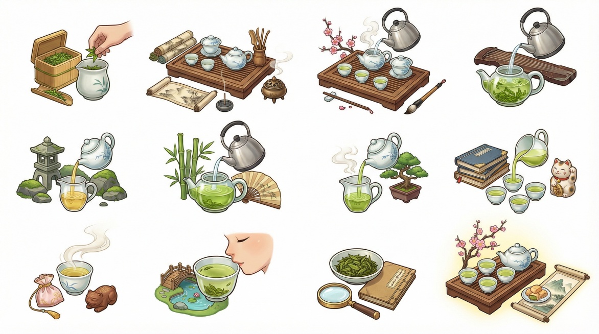 帮我生成图片：生成卡通治愈系风格参考图一的“绿茶泡茶”茶道步骤，风格 参考图1，画面精细细节多多茶具要精致绘画细节要丰富大师作品，不要出现任何人物和文字、边框，包括准备茶叶、准备茶具、烫洗茶具，第一次预览效果