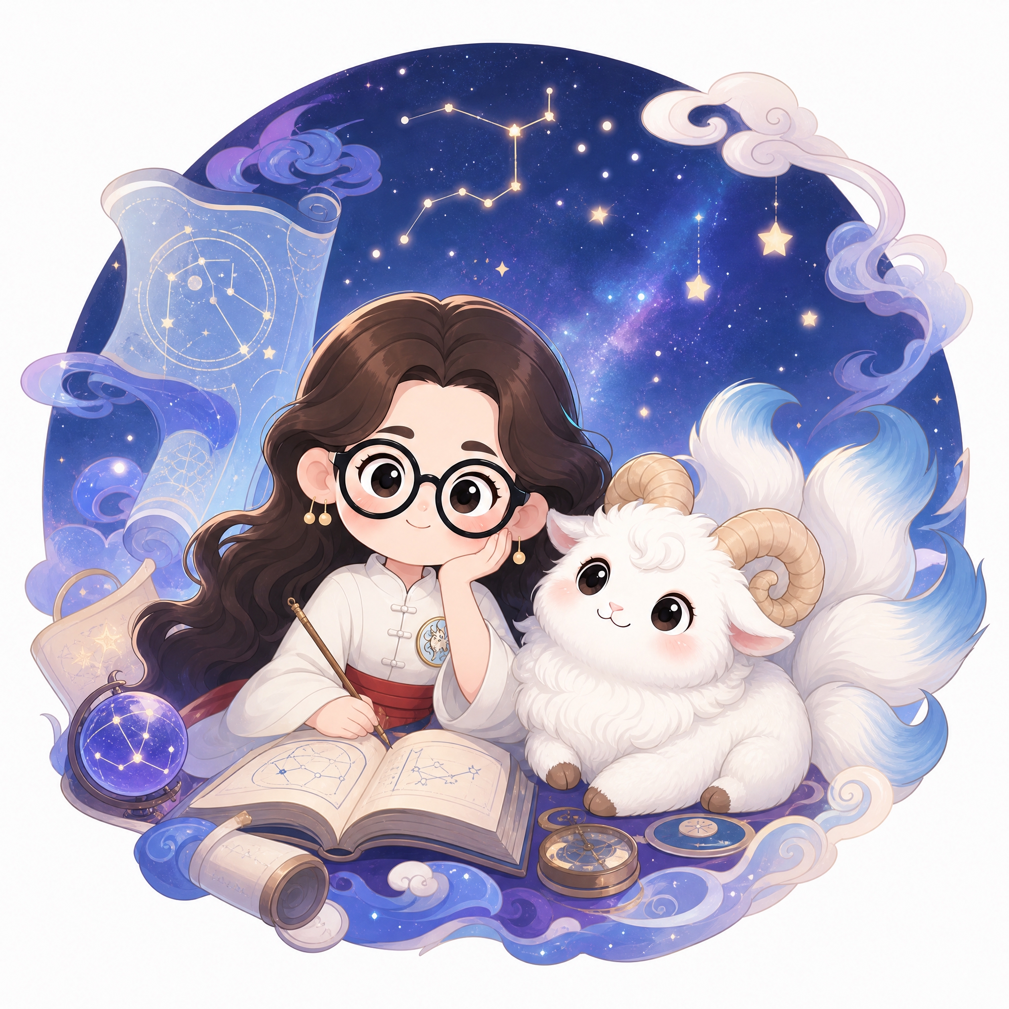 参考图中的戴黑框眼镜穿中式汉服的卡通女孩和白色九尾羊神兽，两人… - 图片创意预览