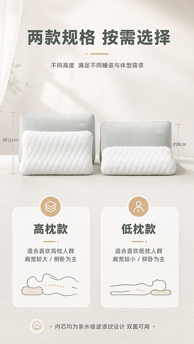 [商品] 使用【图2】四款枕头组合（高枕款、低枕款及对应内芯）；保留各款枕头的形状、高度差异、浅灰绿面料、白色波浪纹内芯、HYPNOS标识；商品处理：去除标签贴纸，统一画面色调，增强各款枕头的质感对比，清晰展示高低差异，不改变各款形状比例。
[画面] 规格选择页，目标是清晰展示高枕/低枕两款规格及适用人群。画面中央为两款枕头并排放置对比，明显展示高度差异，占画面约45%。下方为两款规格的信息卡片，分别标注适用人群。背景为浅米白渐变，干净简洁。
[视觉] 套系策略：风格=清新自然家居商业摄影风；标题字=圆润无衬线粗体；正文字=简洁无衬线体；主色=浅灰绿+米白；背景延展=基于浅灰绿和米白做深浅层级、同色渐变和细腻织物/纸张质感；强调色=暖杏色，仅用于小面积图标、引线和标签；标题色=深灰绿；正文色=中暖灰；组件=圆角浅底信息卡、细线引线、柔和图标；光影=左前侧暖柔光，自然窗边光线感。
[文字] 顶部主标题「两款规格 按需选择」。左侧高枕卡片：「高枕款」+ 适合喜欢高枕人群/肩宽较大/侧卧为主。右侧低枕卡片：「低枕款」+ 适合喜欢低枕人群/肩宽较小/仰卧为主。下方小字：内芯均为亲水棉波浪纹设计 双面可用。
[规格] 图片比例9:16竖版，4K分辨率，淘宝/天猫详情页风格，中文文案，避免变形、错字、文字过小、冷蓝/蓝灰背景、枕头颜色改变、极限词。
