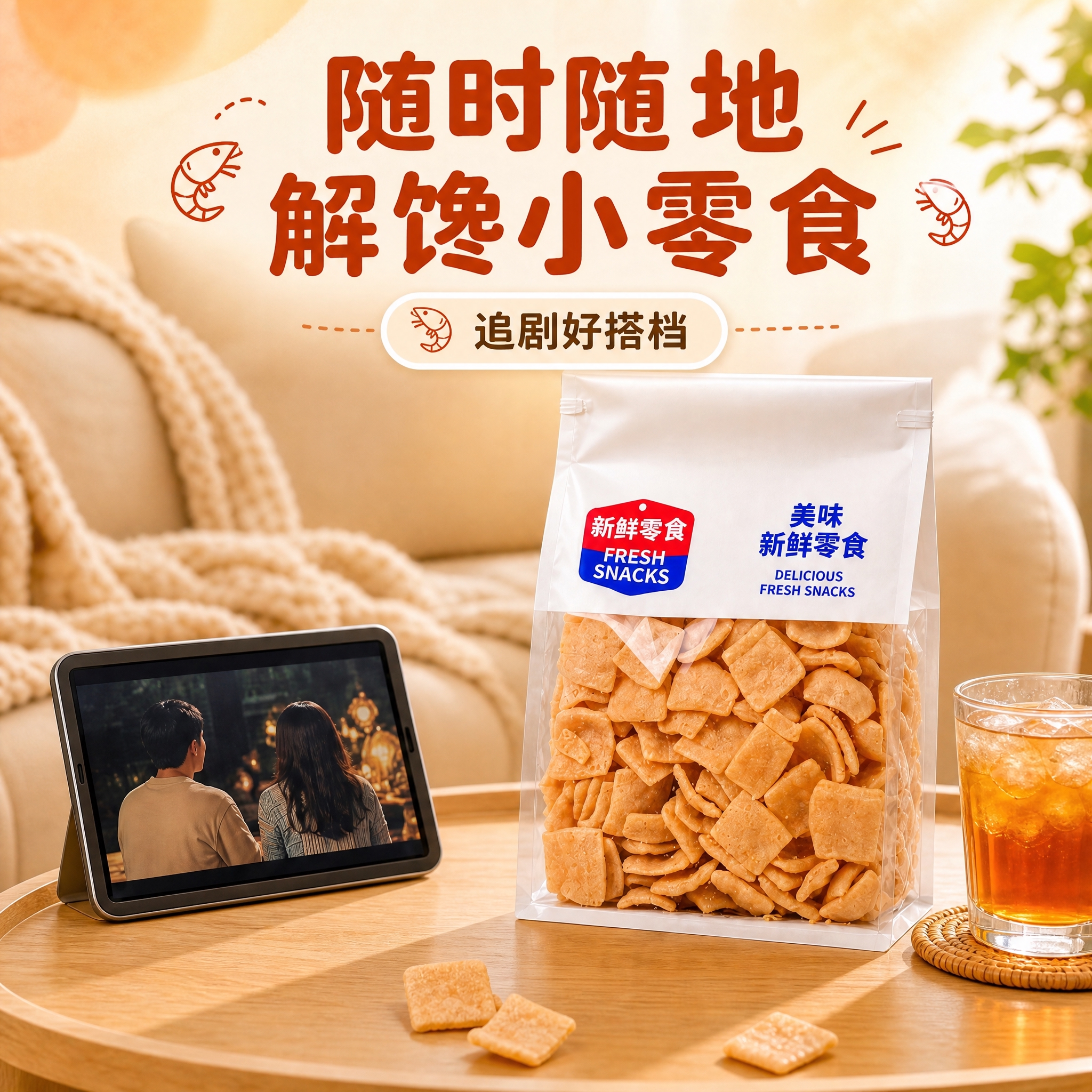 [商品] 使用【图5】场景虾片图（追剧场景段）；保留包装袋形态… - 图片创意预览